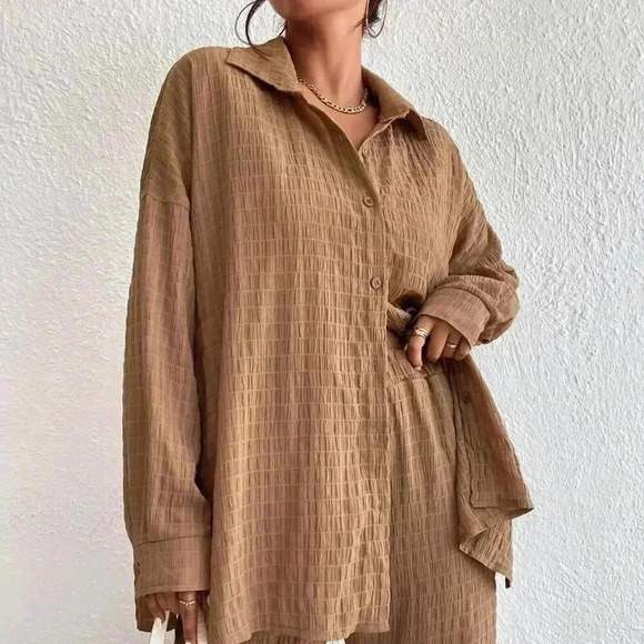 Brown Casual Women's Solid Drop Shoulder Shirt & Wide Leg Pants - Picture 4 of 6